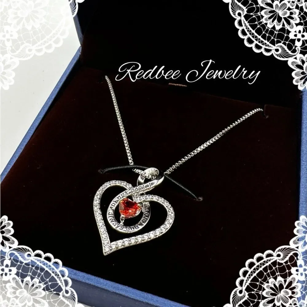 NIB Redbee 18k GP white gold heart and deep orange CZ diamond necklace!